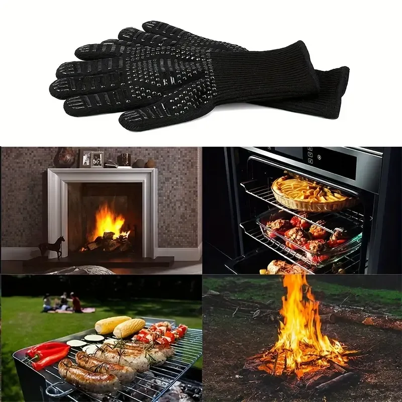 1 pair Fireproof Oven Gloves - Heat Resistant, Cut-Resistant, Non-Slip, Silicone BBQ Gloves for Men - Kitchen Safe Cooking Gloves for Smoker, Grill, Baking, Outdoor Camping, Picnic, Cookware Barbecue Tool Accessories