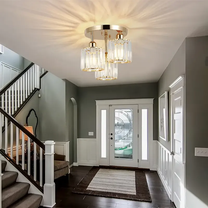 Modern Semi-Flush Mount Crystal Pendant Lights - Metal with Shade, Switch Control, Hard-Wired, E27 Base, Compatible with 110-240V for Kitchen, Bedroom, Hallway, Entryway, Dining Room