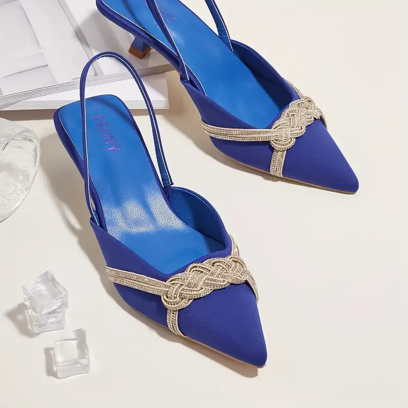 Women's Slingback Kitten Heels, Rhinestone Braided Strap Slip On Sandals, Solid Color Elastic Strap Low Heels