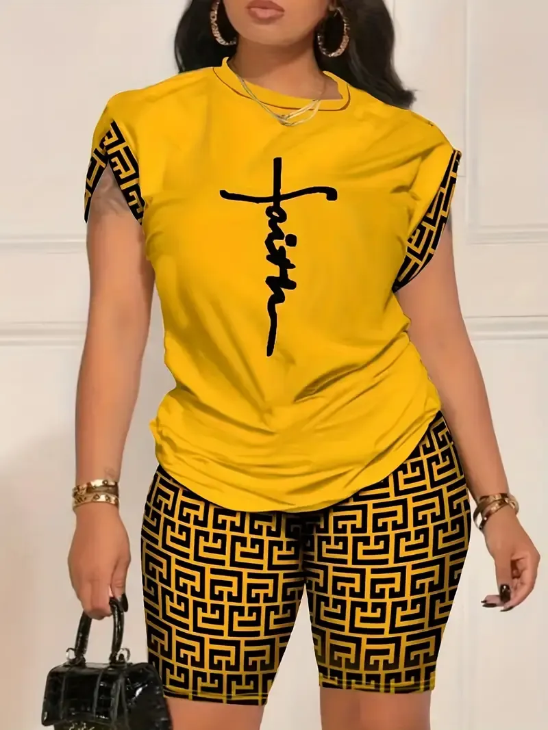 Letter Print Pajamas Set, Short Sleeve Crew Neck Top & Shorts, Women's Sleepwear & Loungewear