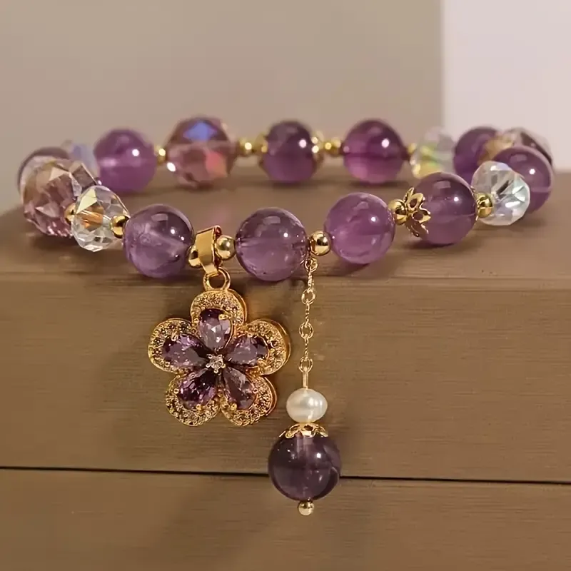 Vintage Bohemian Style Purple Amethyst Beaded Bracelet with Flower Pendant - Perfect for Everyday Wear or as a Gift