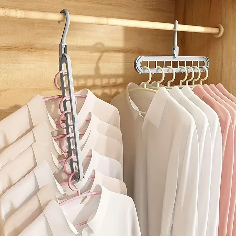 5pcs, Plastic 9-Hole Foldable Hangers, Heavy Duty Space Saving Clothes Organizer Hangers, For Room, Closet, Wardrobe, Home & Dorm Storage, Suitable For Clothing Stores