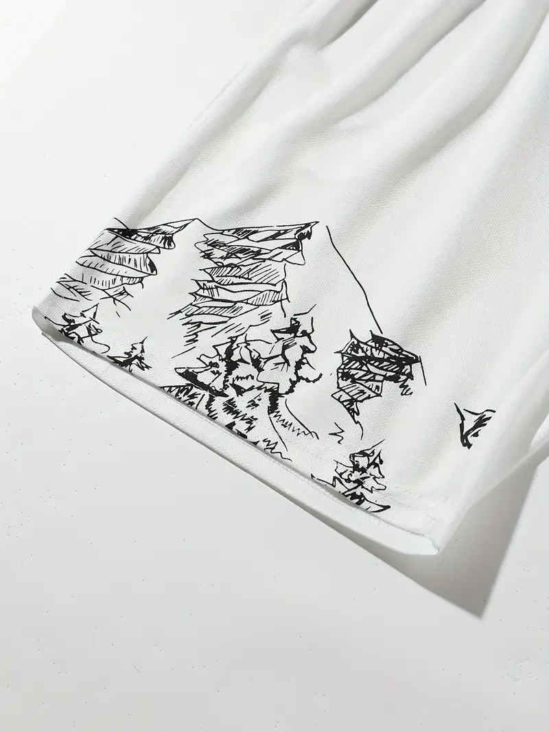 2pcs, Men's Mountains And Trees Print Outfit, T-shirt & Shorts Set, Men's Clothes For Summer