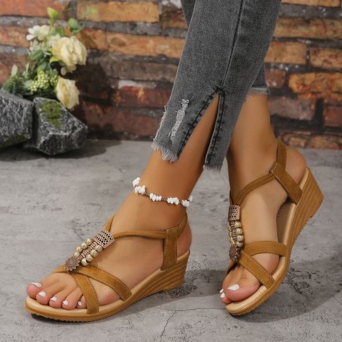 Bohemian wedge heel fish mouth women's sandals