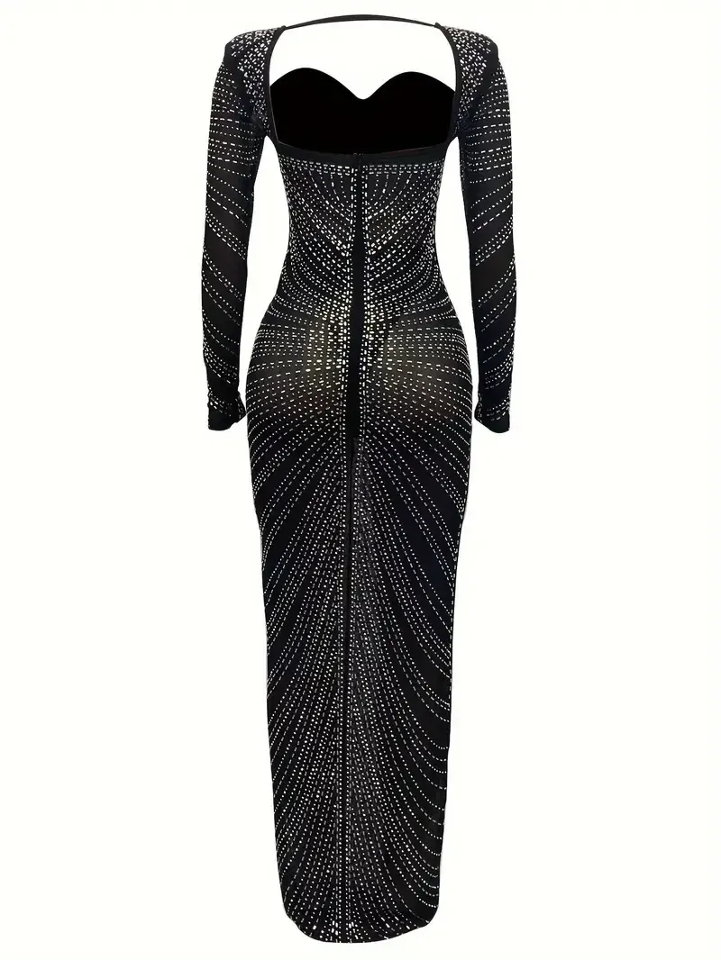 Rhinestone See Through Dress, Elegant Long Sleeve Backless Floor Length Bodycon Dress For Party & Banquet, Women's Clothing