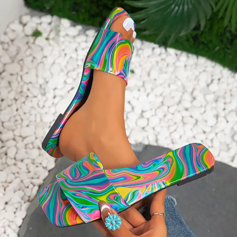 Women's Abstract Color Slide Sandals, Fashion Square Open Toe Flat Summer Shoes, Lightweight Slide Sandals