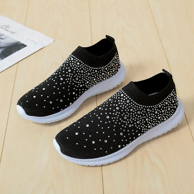 Rhinestone elastic socks shoes casual men's and women's sports shoes MD bottom flying woven breathable light shoes