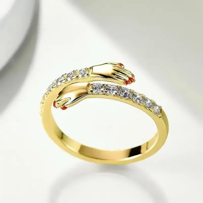 1pc Creative Fashion Shining Exquisite Embracing Hands Design Open Ring, Punk Style Jewelry, Birthday Party Jewelry Anniversary Gift
