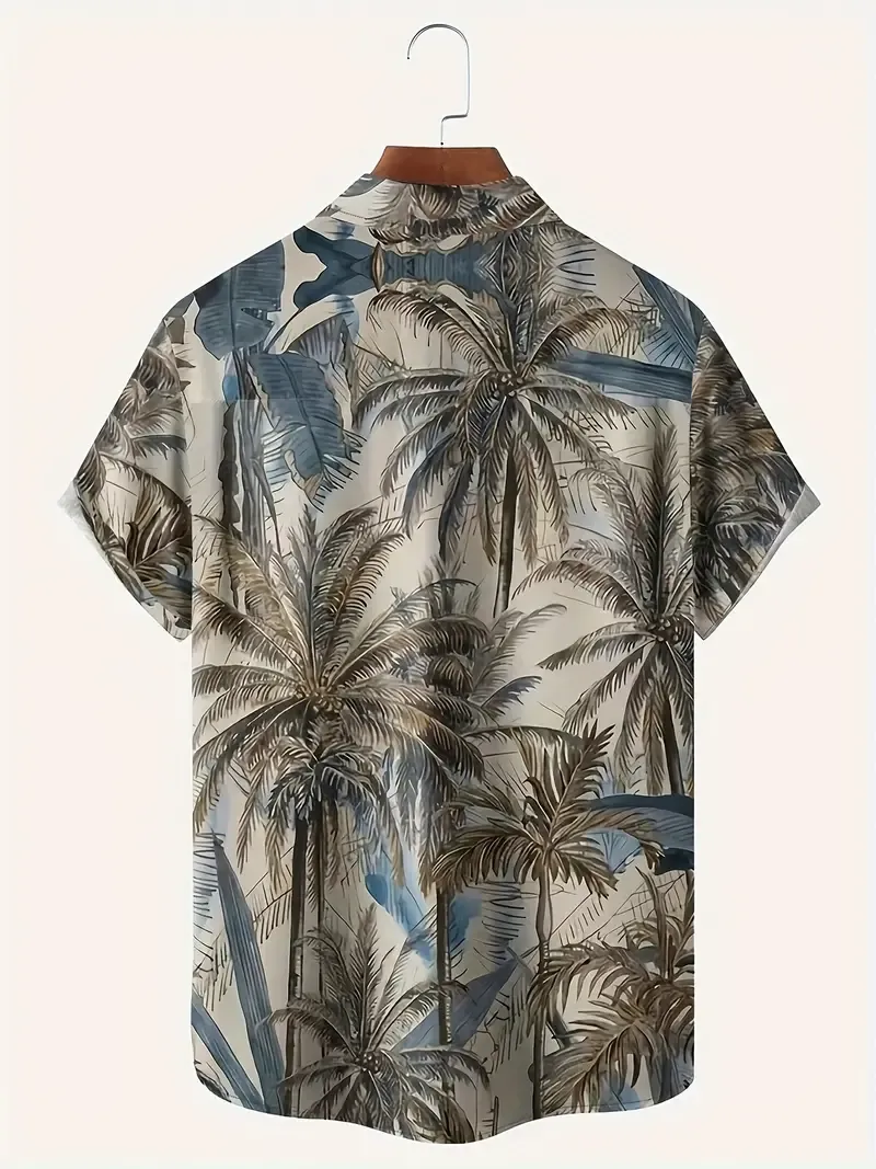 Men's Coconut Trees Graphic Print Shirt, Casual Lapel Button Up Short Sleeve Shirt For Summer Outdoor Activities