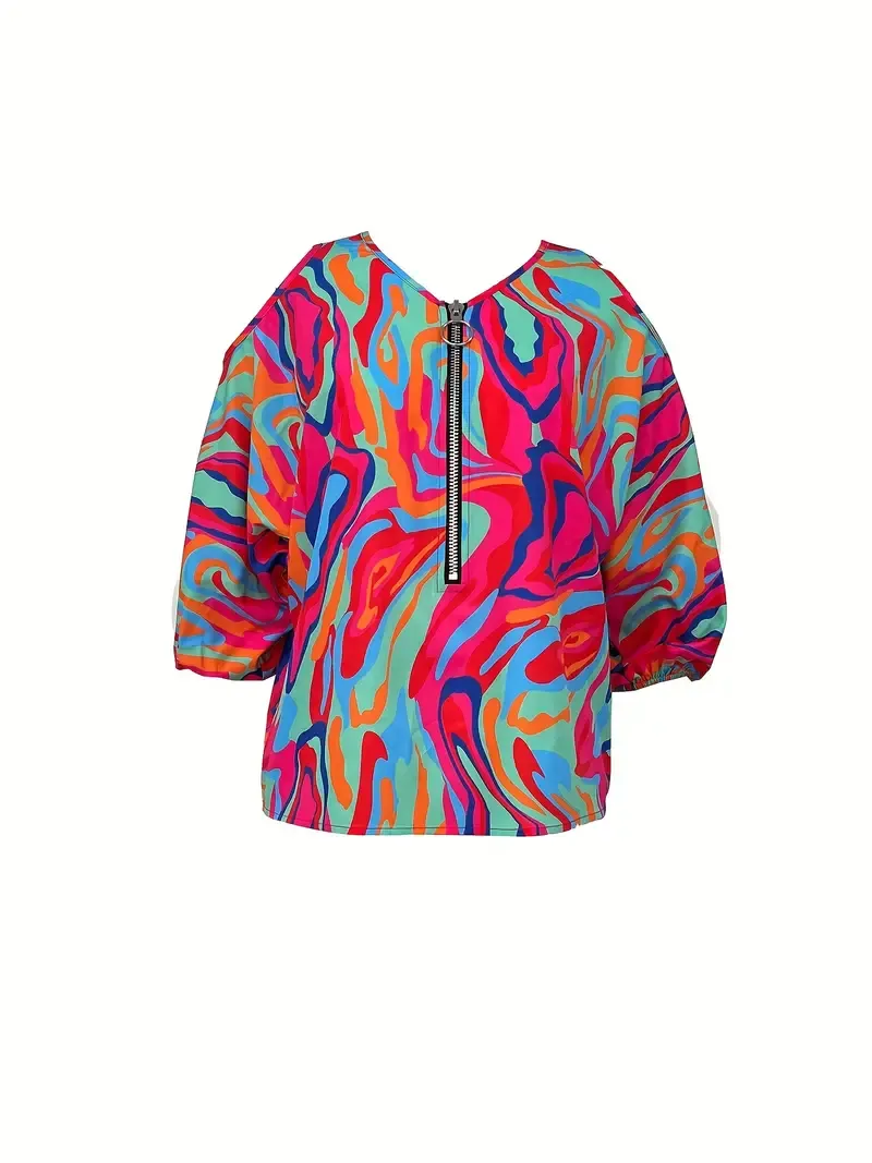 Abstract Print Half Zip Blouse, Casual Long Sleeve Blouse, Women's Clothing