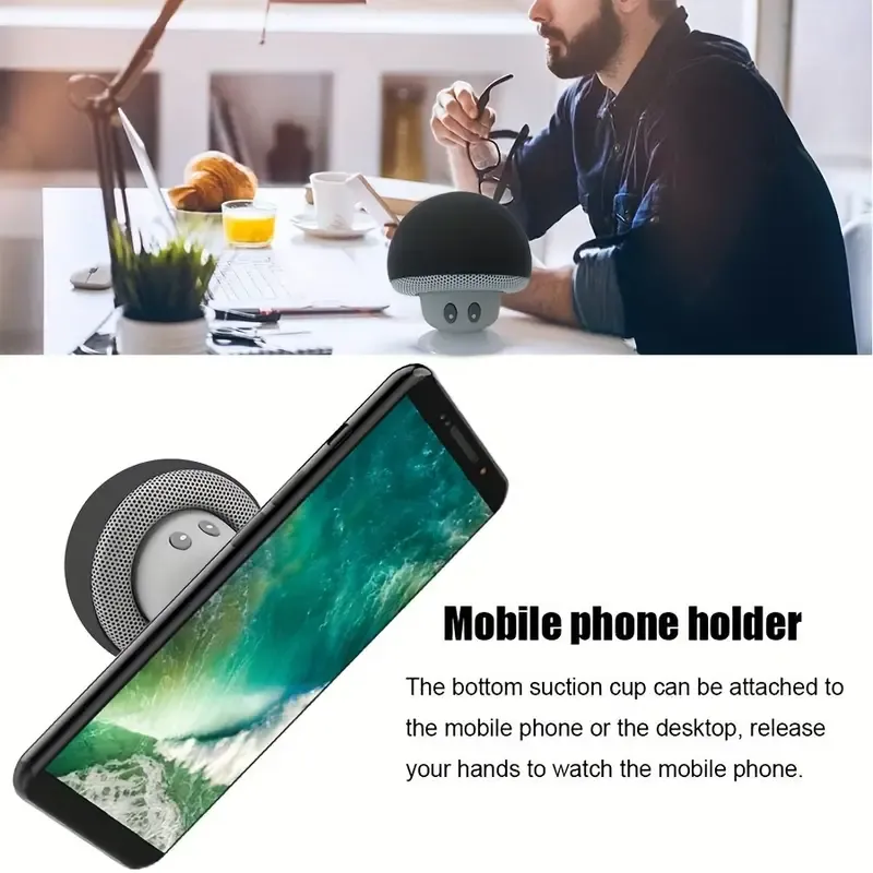 Mushroom Portable Wireless Speaker with Suction Cup Stand, Stereo Sound, Button Control, USB Rechargeable, 200mAh Battery, Wireless Compact Subwoofer for Smartphones Tablets, Great for Travel & Outdoor Use