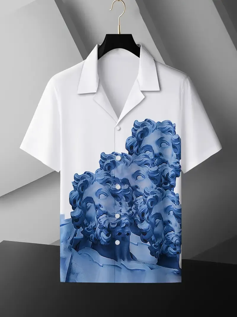 Men's 3D Sculptures Pattern Print Short Sleeve Shirt With Camp Collar, Casual Button Up Shirt For Summer Daily Wear And Vacation Resorts