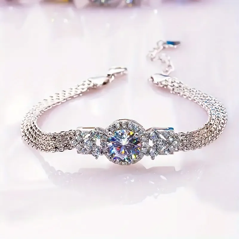 S925 Sterling Silver Moissanite Charm Bracelet, Luxury Style 18K Gold Plated Adjustable Bracelet For Women Exquisite Jewelry