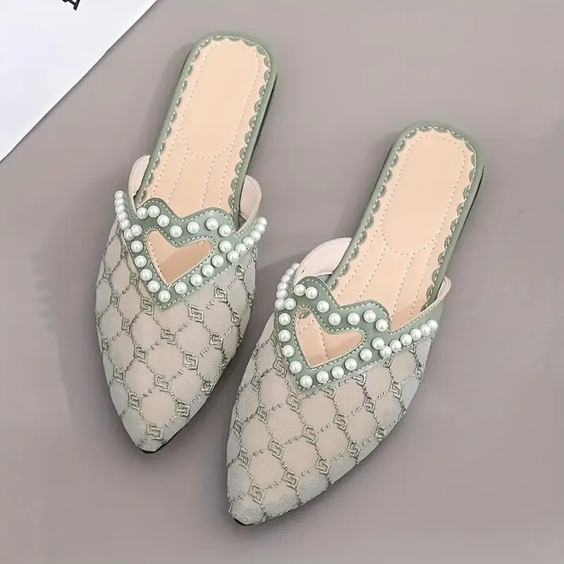 Women's Faux Pearl Decor Mules, Elegant Heart Hollow Mesh Pointed Toe Slide Shoes, Fashion Slip On All-Match Slide Sandals