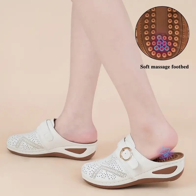 Women's Trendy Solid Color Massage Sports Sandals, Closed Toe Hollow Out Buckle Strap Decor Slides Slippers, Casual Versatile Outdoor Beach Slippers