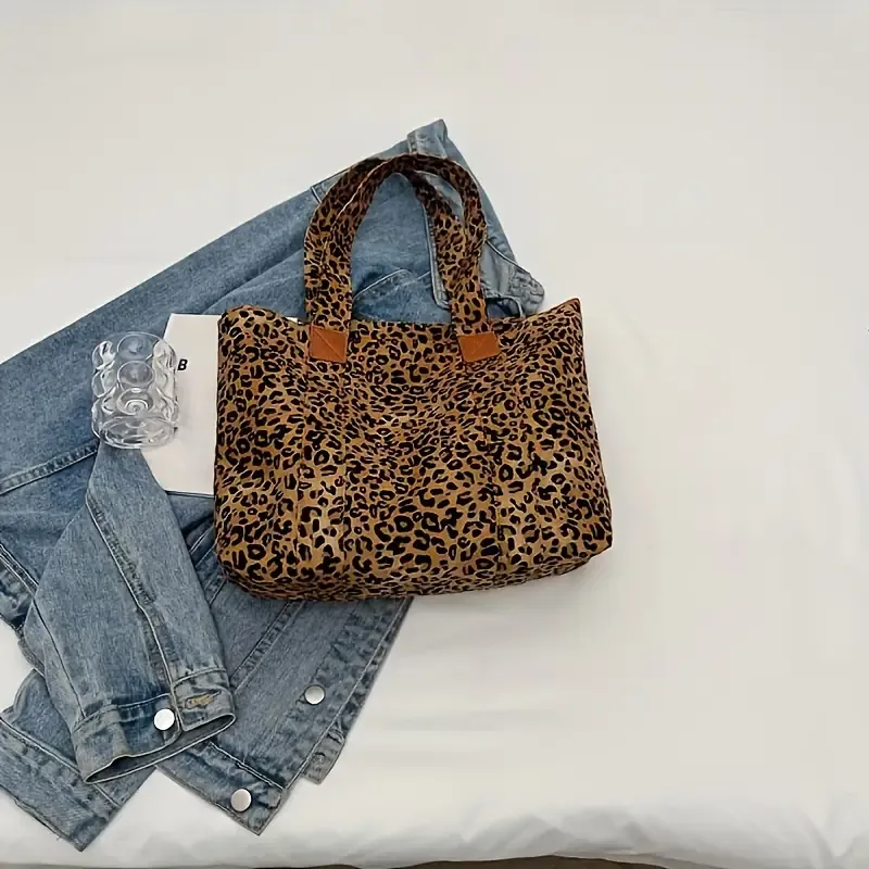 Chic Leopard Print Canvas Tote Bag for Women - Spacious Shoulder Handbag with Zip Closure, Nylon Lined