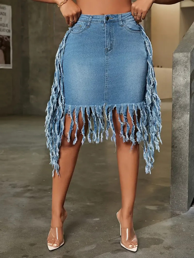 Sexy Fringe Hem Denim Skirt