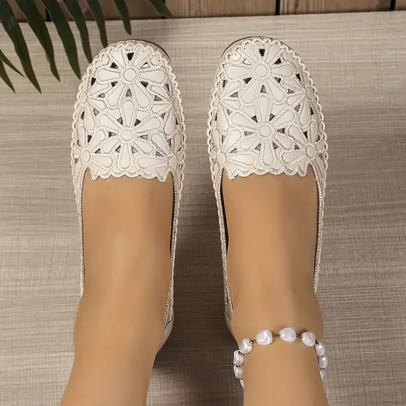 Comfortable Flats Lightweight, Comfortable Women's Fashionable Cut-Out Slip-On Flats | Synthetic Upper, Decorative Lace Design, White and Beige, Casual Attire, Casual Footwear
