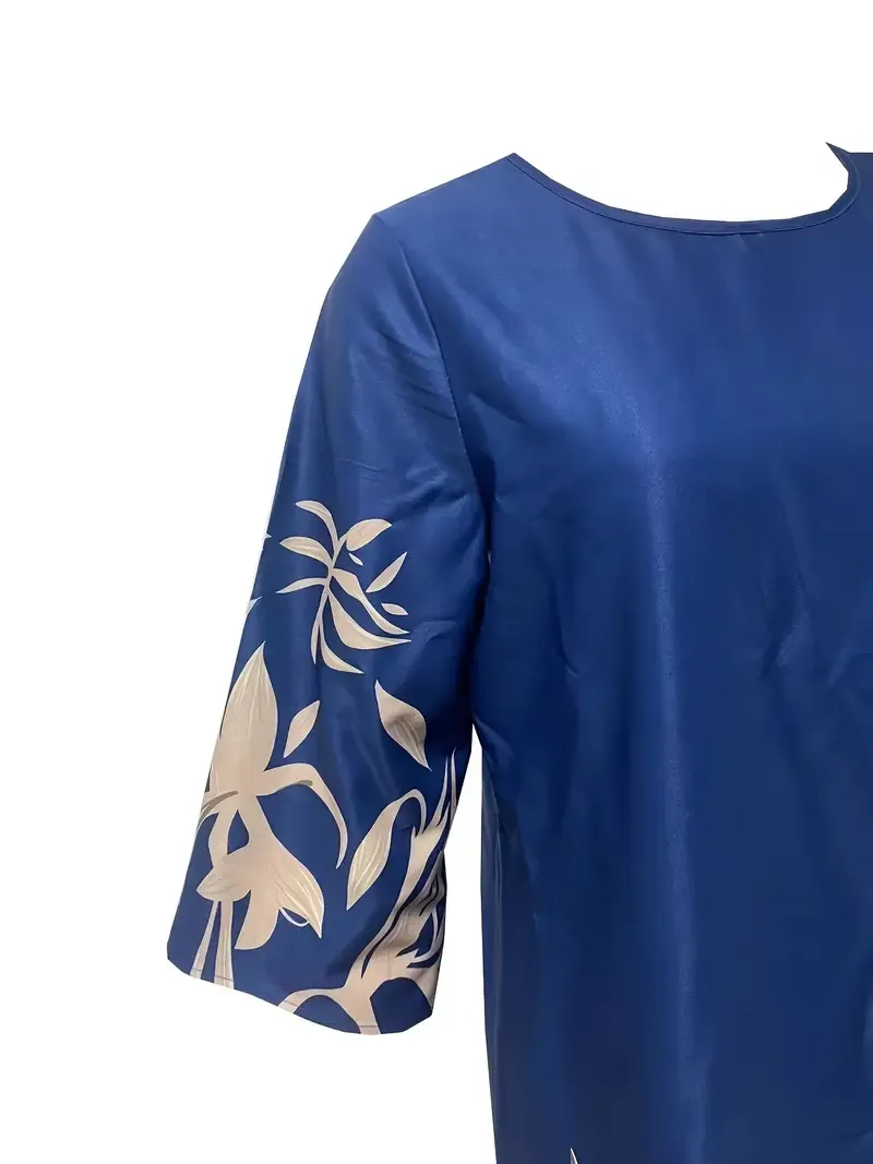 Half Sleeve Plant Print Casual Crew Neck Loose Dress for Spring & Summer, Women's Clothing