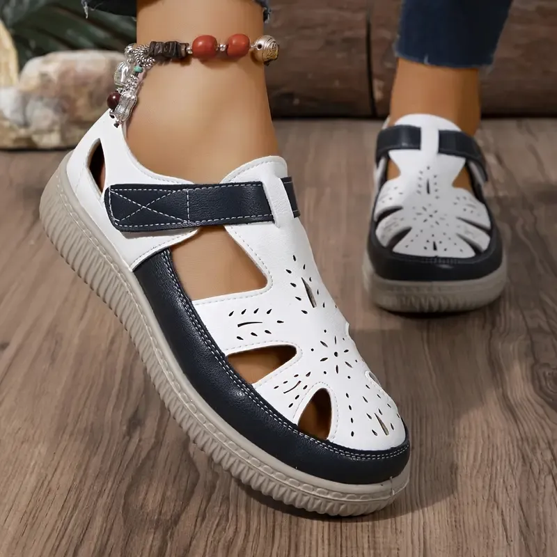 Women's Contrast Color Flat Sandals, Casual Cutout Design Summer Shoes, Women's Comfortable Shoes