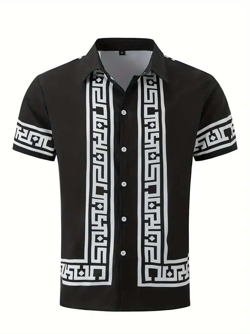 2-piece Men's Short Sleeve Stylish Pattern Outfit Set, Lapel Shirt & Color Block Shorts for Summer Beach Vacation