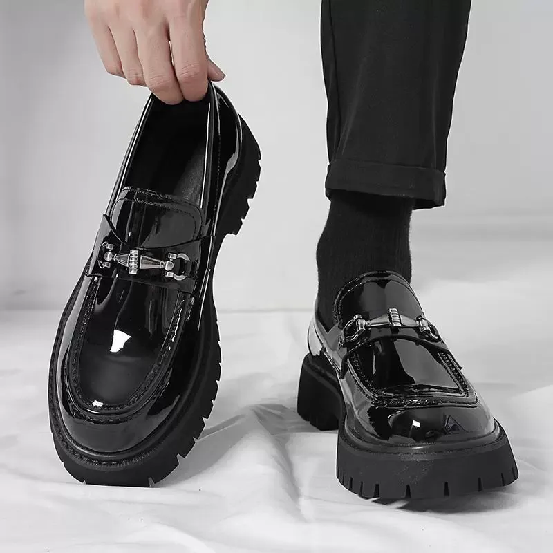 Big-headed leather shoes, glossy patent leather, casual chunk-heeled loafers