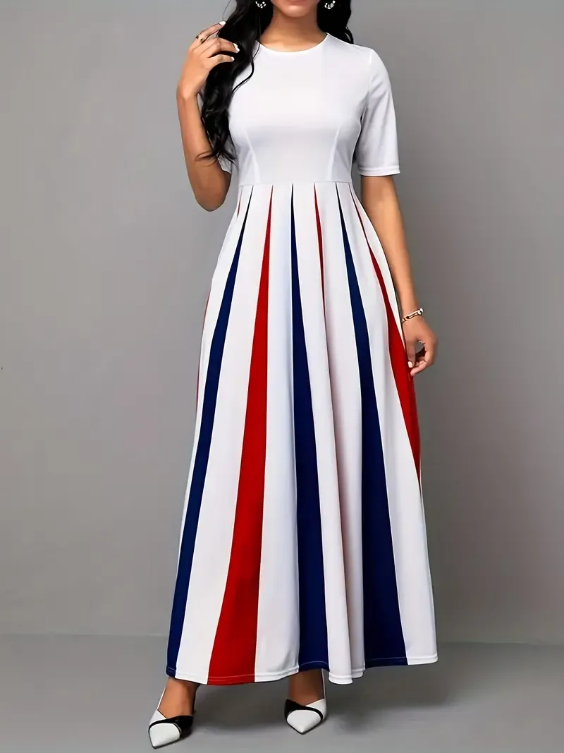 Short Sleeve Color Block Crew Neck A-line Dress for Spring & Summer, Casual Women's Clothing