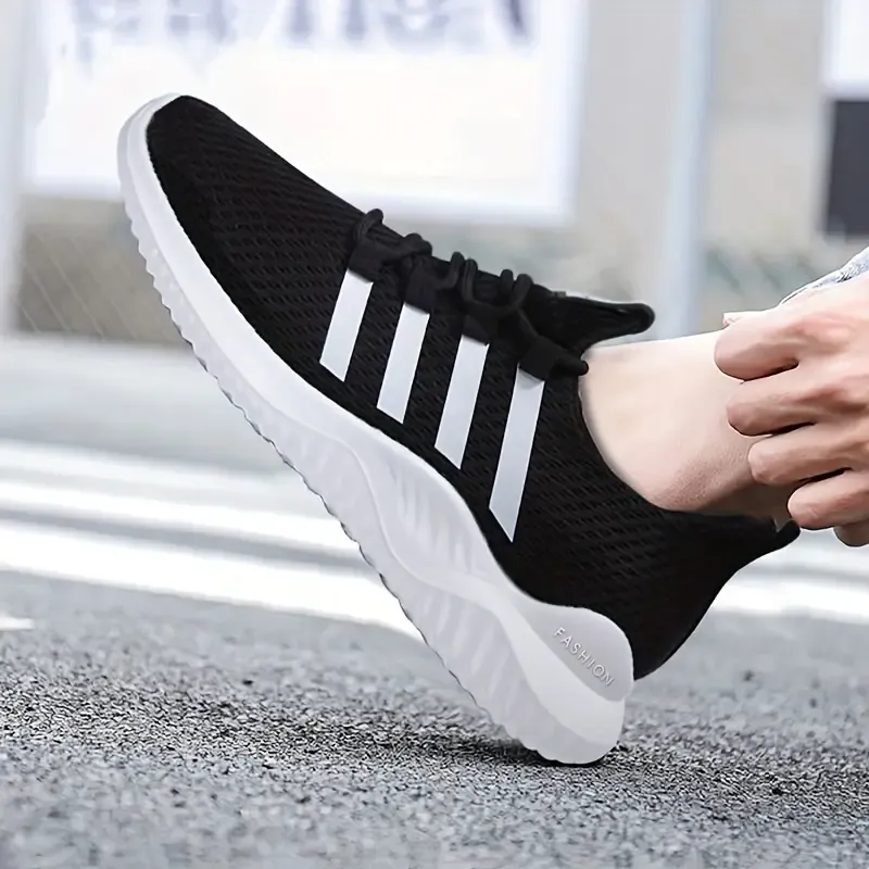 Men's Trendy Solid Colour Striped Woven Knit Breathable Running Shoes, Comfy Non Slip Lace Up Durable Sneakers For Men's Outdoor Activities