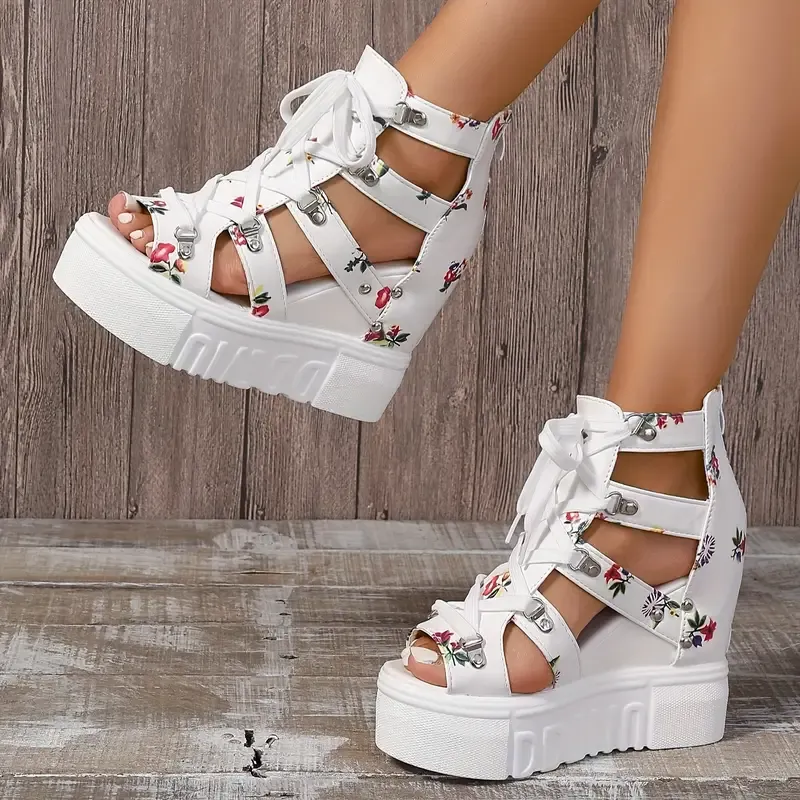 Women's Floral Vintage Sandals, Back Zipper Platform Hollow Lace Up Shoes, Summer Breathable Wedge Holiday Shoes