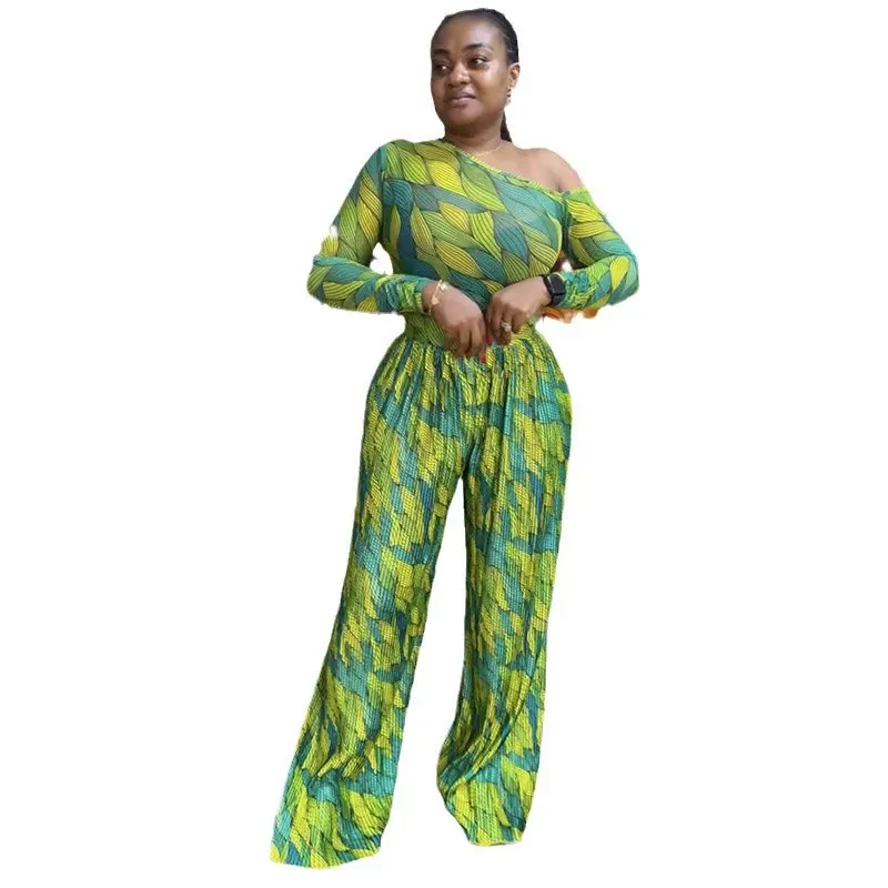 2025 Spring New Printed Slant Collar Long Sleeve Top Wide Leg Pants Pleated Suit