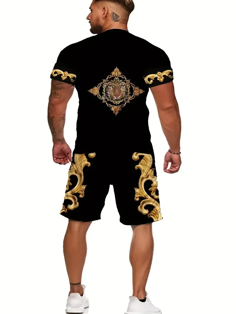 2-piece Men's Vintage Floral Print Summer Outfit Set, Men's Stretch Short Sleeve T-shirt & Sports Shorts Set