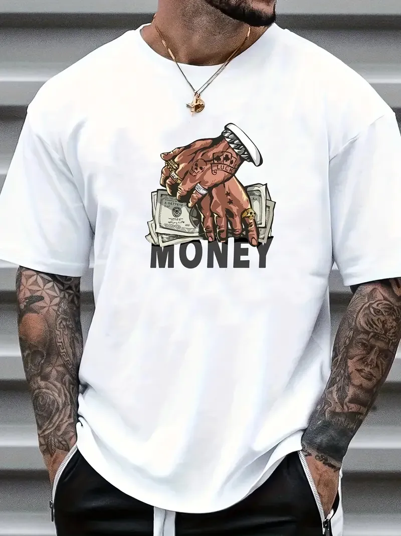 Money Print Casual T-Shirt For Men, Soft, Comfortable, Crew Neck Short Sleeve, Summer Apparel