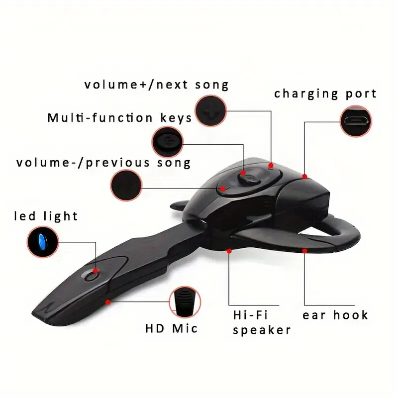 Ultra-Long Battery Life Wireless Earhook Headphones - Lightweight, Rechargeable, Non-In-Ear Design for Sports & Driving