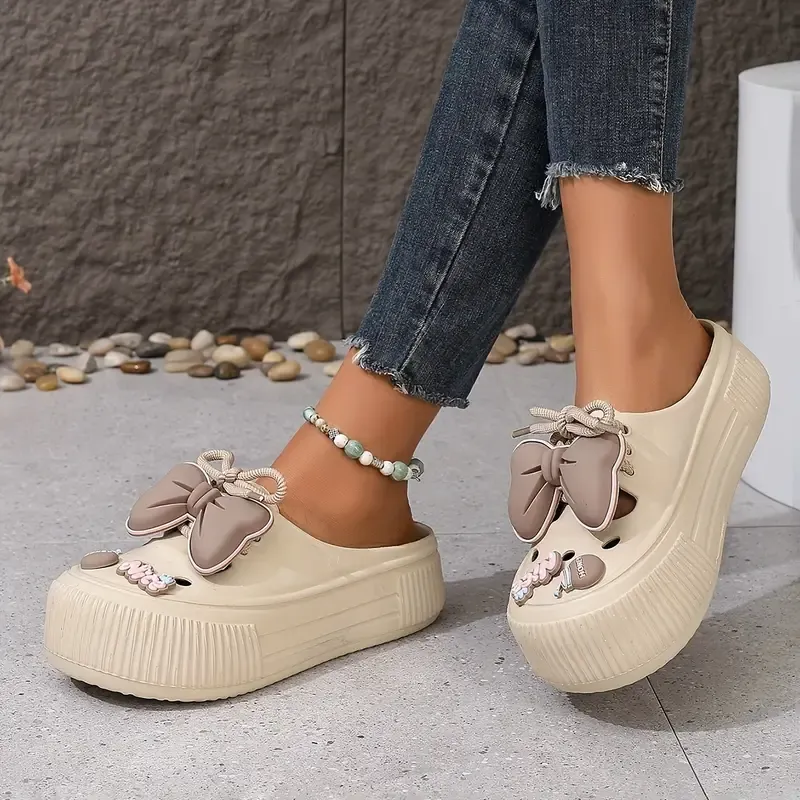 Women's PVC Cute Diy Clogs, Platform Lace Up Soft Sole Bowknot Decor Shoes, Closed Toe Summer Beach & Garden Mules