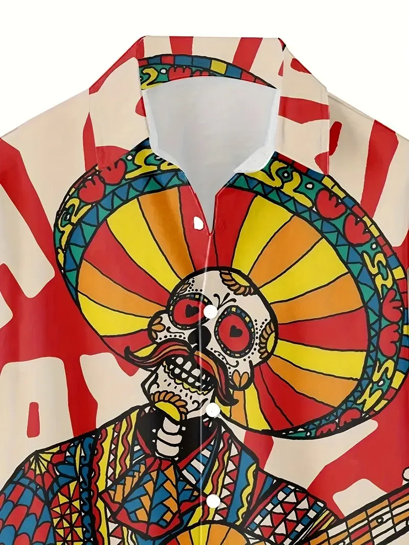 Skull Print Men's Summer Fashionable And Simple Short Sleeve Button Casual Lapel Shirt, Trendy And Versatile, Suitable For Dates, Beach Holiday, As Gifts