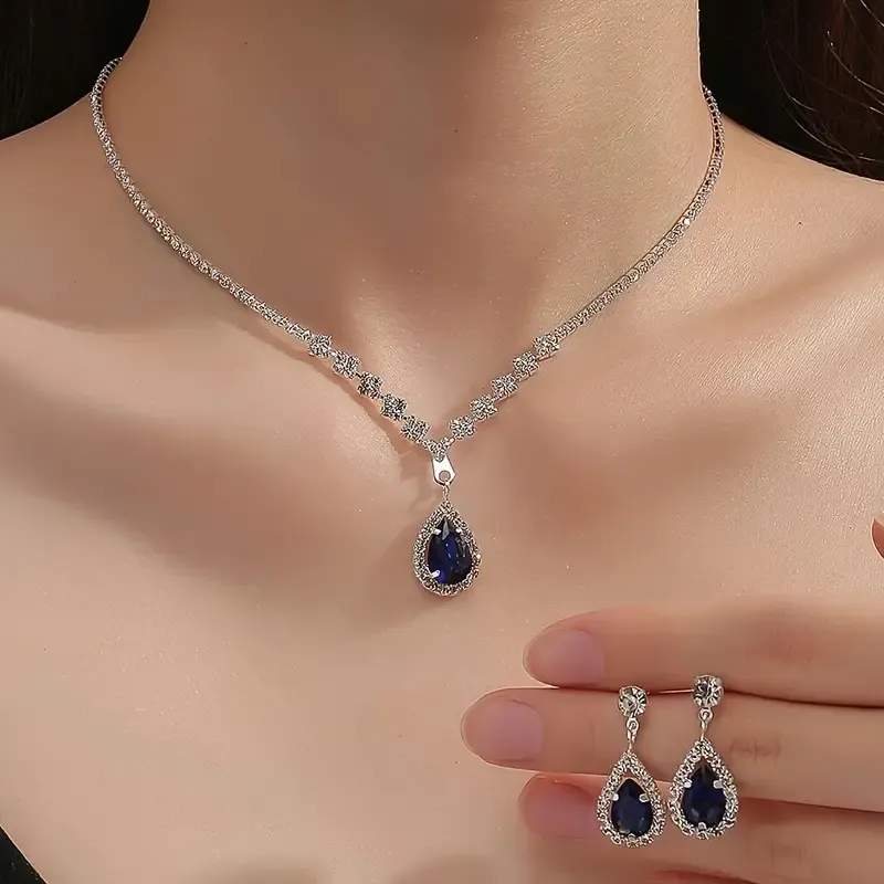 1 Pair Of Earrings and 1 Necklace Elegant Jewelry Set Silver Plated Inlaid Shining Rhinestone In Waterdrop Shape Engagement and Wedding Jewelry