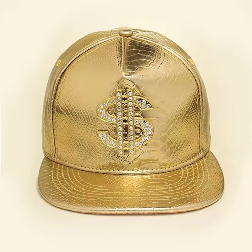 2024 New Style Fashion Hip Hop Leather Baseball Cap Money 3D Painttd Logo With Rhinestone Gold Color Baseball Cap