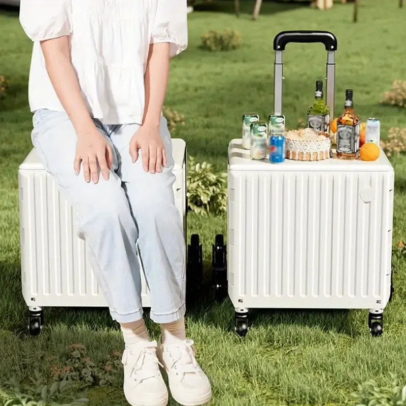 Portable Rolling Picnic Cart with Lid, Lightweight Pull-Along Suitcase with Hardwood Grain Finish, Durable Plastic and Metal Construction, Foldable and Collapsible, Modern Design Storage Organizer