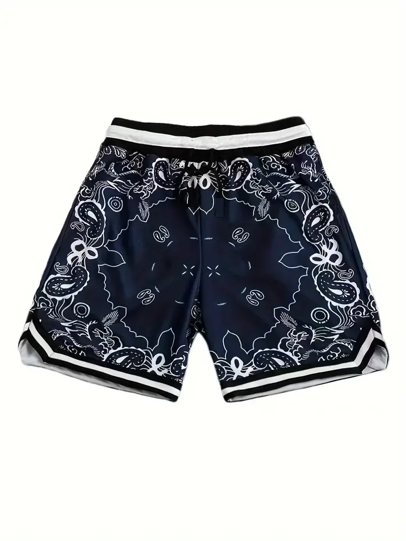 Loose Fit Men's Shorts with Active Elastic Waist, Paisley Graphic Print Drawstring Shorts for Summer