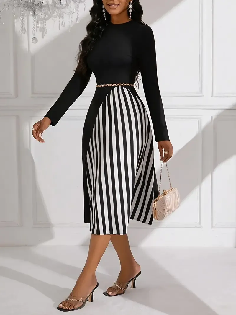 Long Sleeve Striped Print Crew Neck A-line Dress, Elegant Asymmetric,Women's Clothing