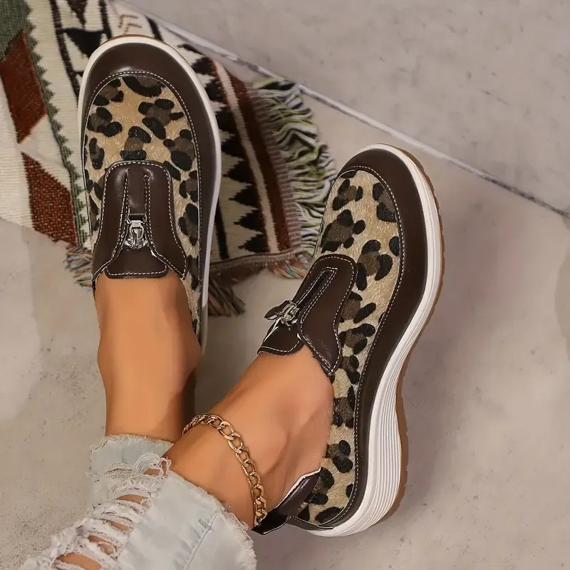 Women's Leopard Print Fashion Sneakers with Zipper Closure, Low Top Casual Athletic Shoes with Mesh Lining and PU Sole, Hand Washable - Quanzhou Manufactured