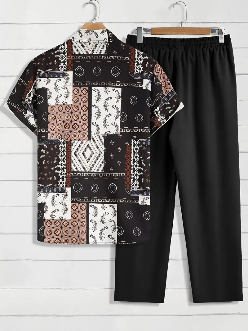 2-piece Men's Casual Summer Outfit Set, Geometric Pattern Print Short Sleeve Button Up Lapel Shirt Top & Solid Drawstring Pants With Pockets