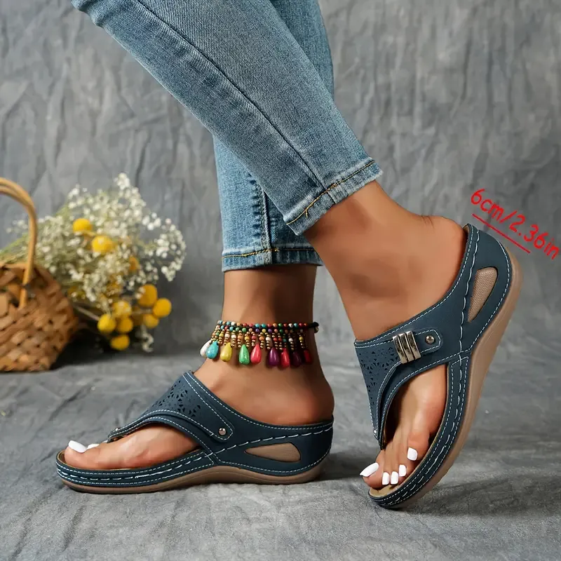 Women's Stylish Thong Sandals, Cut Out Platform Soft Sole Metallic Vacation Shoes, Comfort Wedge Beach Slides