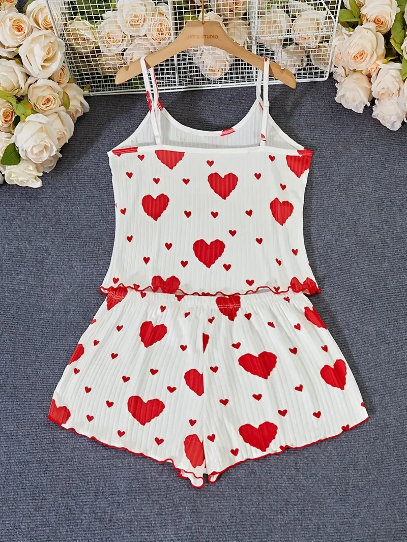 Heart Print Cute Casual Shorts Set, Cami Top & Bow Decor Elastic Waist Shorts Outfits For Summer, Women's Clothing