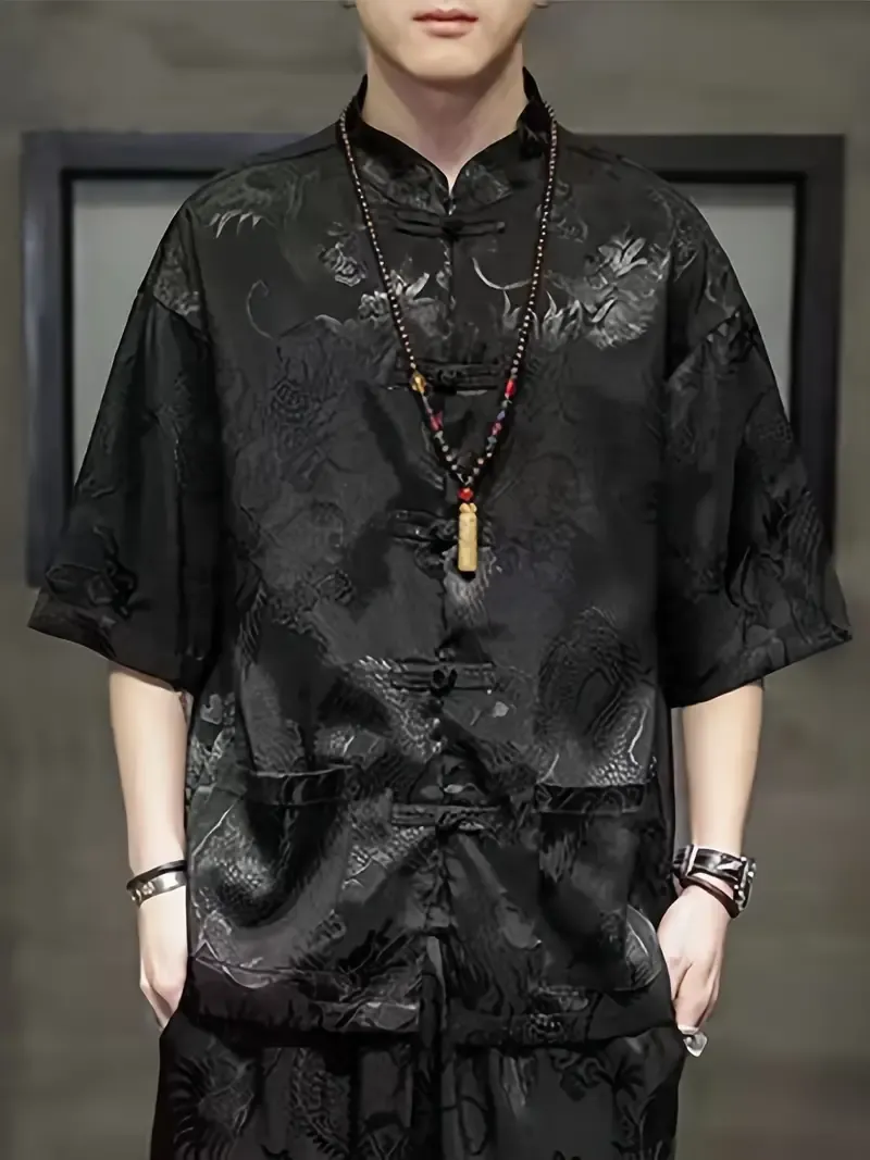 Chinese Style Dragon Print Stand Collar Short Sleeve Frog Button Up Tang Suit Shirt For Men, Lightweight And Breathable Top For Summer Daily Outerwear