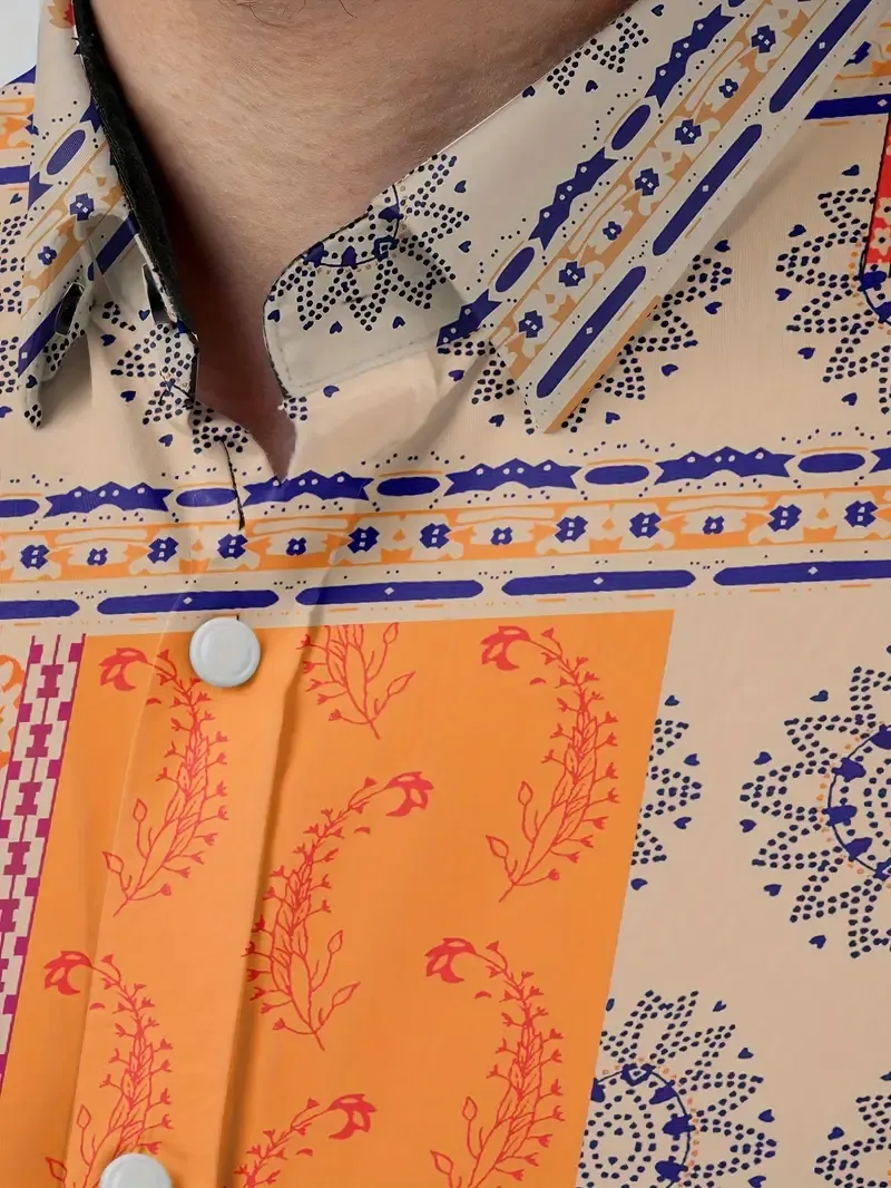 Vintage Casual Men's Patchwork Print Shirt - Plus Size, Adult, Men's, Spring Summer Autumn, Polyester, No Stretch, Regular Fit, Button Closure, Front Placket, Printed, Full Print, Serged, Polyester Fabric, Adult Men, No Stretch, Regular Fit, Button Closure, Front Placket, Printed, Full Print, Serged, Polyester Fabric