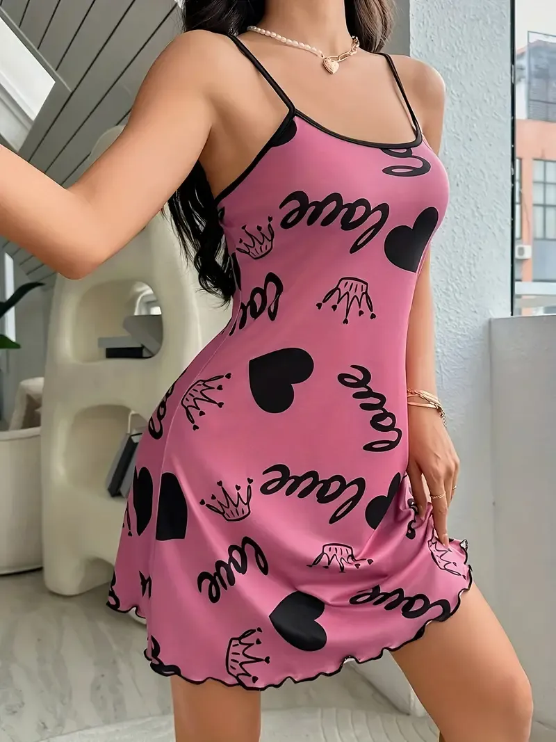 Women's Heart & Crown & Letter Print Casual Frill Trim Sleepwear Dress, Round Neck Backless Slip Dress, Comfortable Nightgown