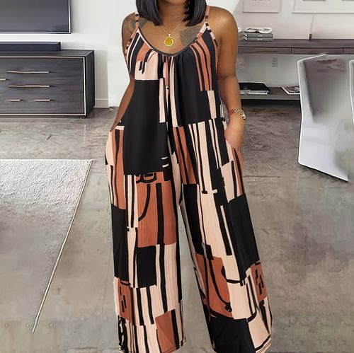 Striped Print Spaghetti Strap Jumpsuit, Casual Sleeveless Dual Pockets Wide Leg Jumpsuit For Spring & Summer, Women's Clothing