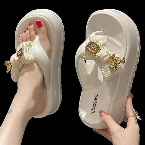 Women's Fashion Flip-Flops with Metallic Bowknot - Comfortable EVA Slide Sandals, Soft Sole, Easy Slip-On