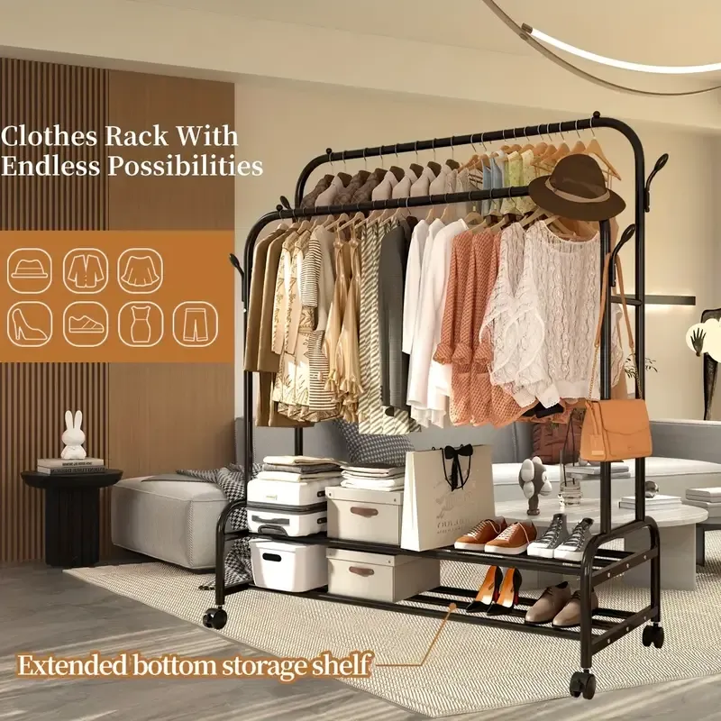 Sturdy Metal Double Rodding Clothes Rack With Wheels